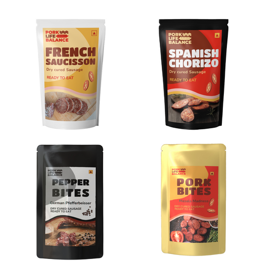 Pork Bites Combo | Spanish Chorizo + Masala Madness + French Saucisson + Pepper Bites